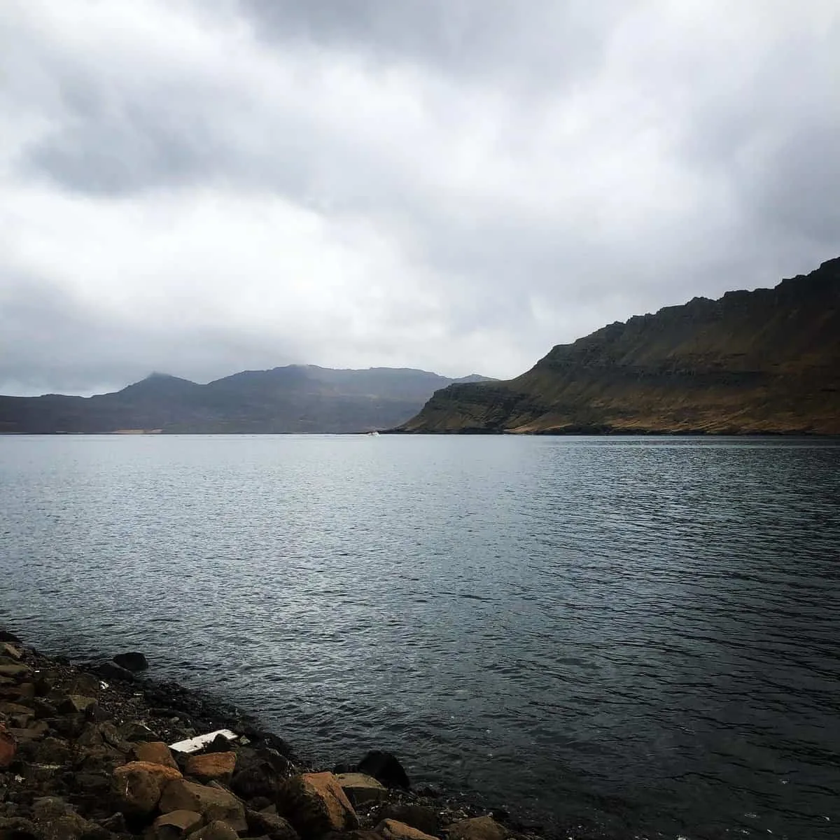 Kyrr fjörður séður frá grýttri strönd undir skýjuðum fjöllum.